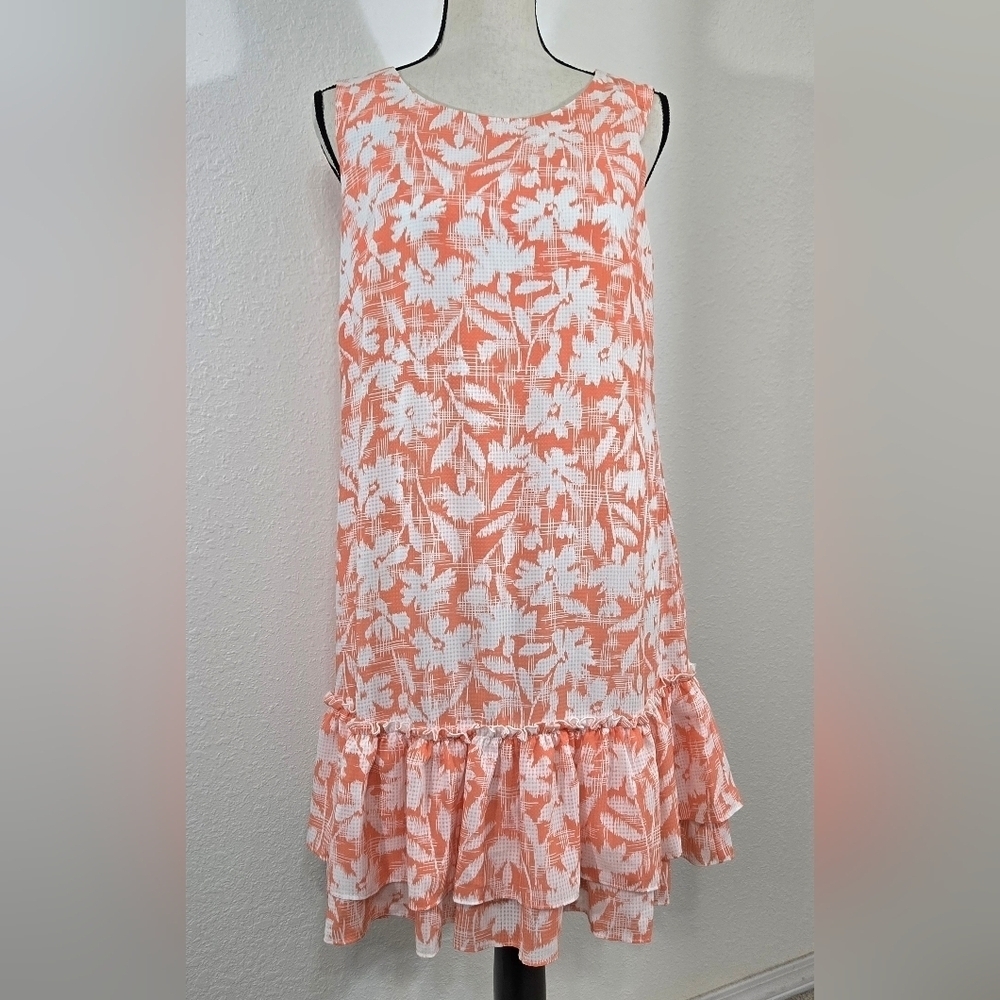 Tommy Hilfiger Sleeveless Floral Salmon Ruffle Dress Prairie Cottagecore, size 8